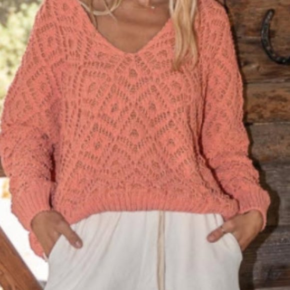 Crochet and Knitted Papaya V Neck Sweater - Picture 15 of 17